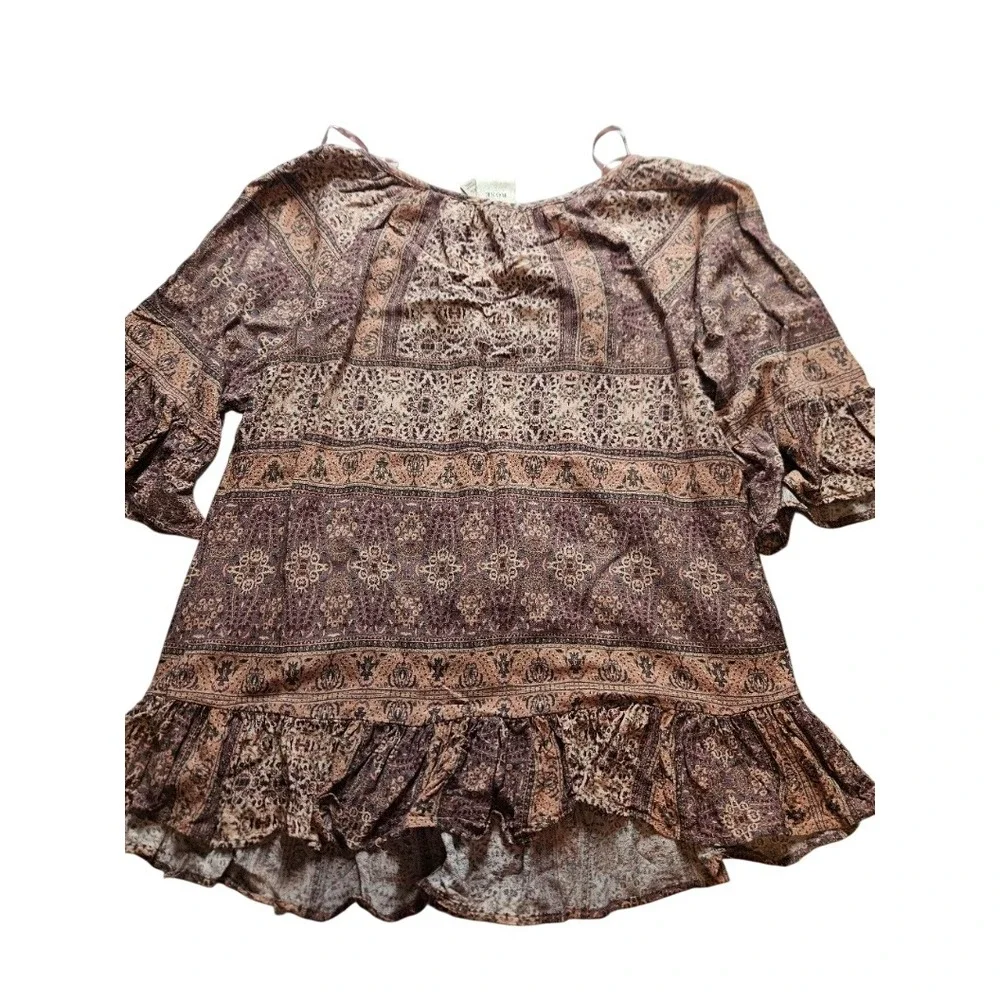 Knox Rose Womens XL Boho Peasant Top Paisley Floral Tassel Ruffle Hem Blouse